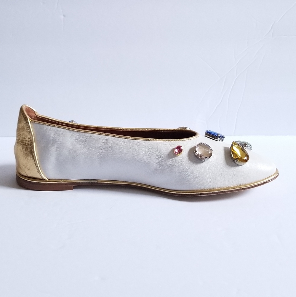 Tory Burch Crystal-Embellished Leather Flat Ballet Ivory Gold Size 9.5 - Picture 5 of 13